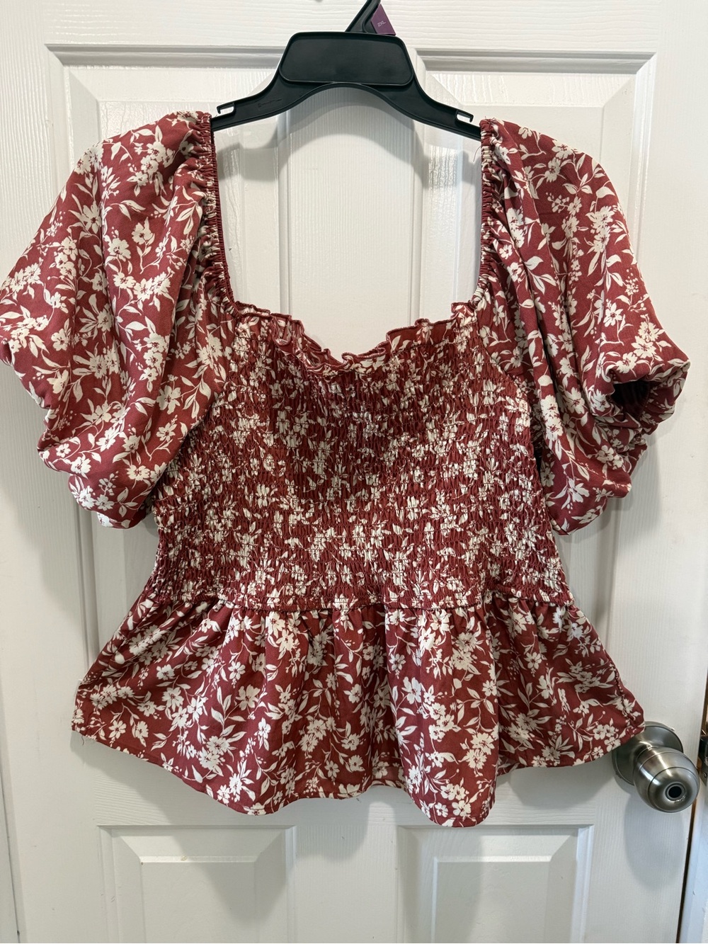 Inspired Hearts Rust Floral Smocked Peplum Blouse